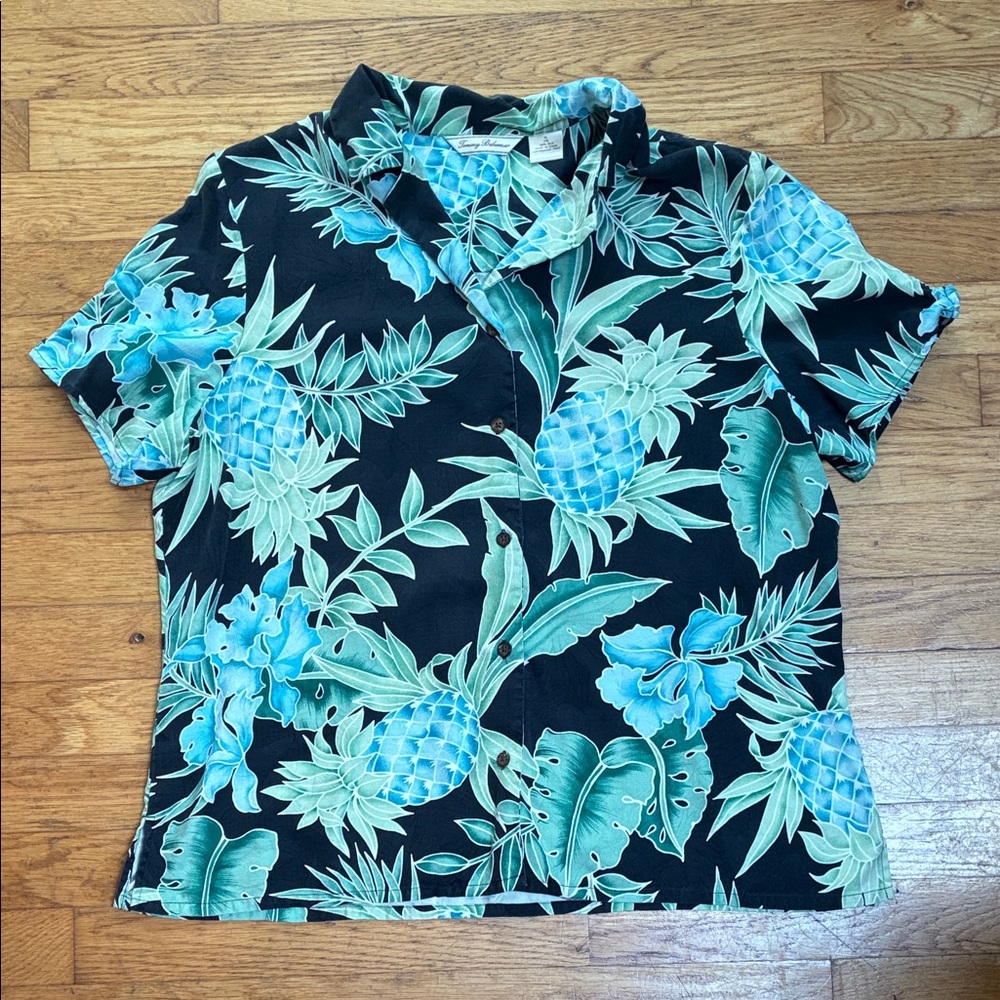 Tommy Bahama Women's Silk Floral Button Up Shirt with Wooden Sleeve Detail